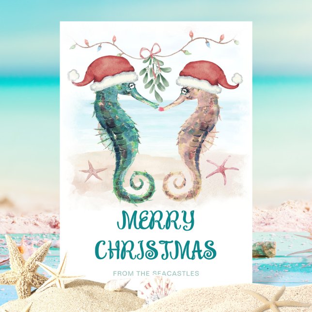 Seahorse Santa Mistletoe Kiss Coastal Christmas Holiday Card (Creator Uploaded)