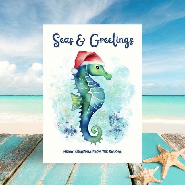 Seahorse Santa Seas & Greetings Nautical Christmas Holiday Card (Creator Uploaded)