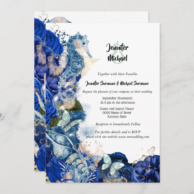 Seahorse sea shell blue orange butterfly chic invitation (Front/Back)