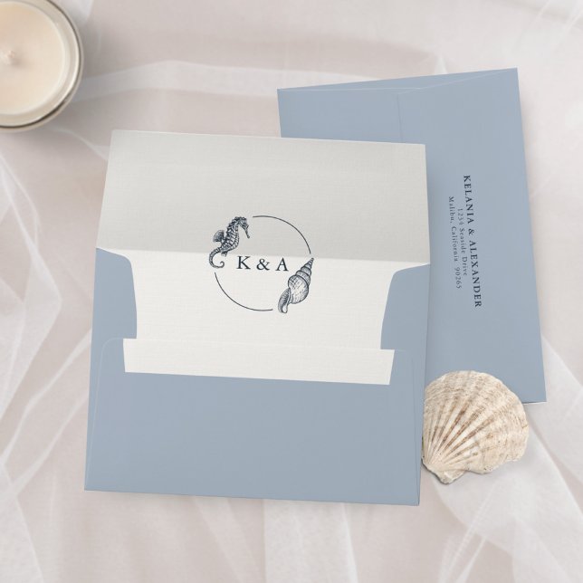 Seahorse Sea Shell Nautical Monogram Blue Wedding Envelope (Creator Uploaded)