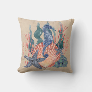 Seahorse Seashell Blue Orange Beige Ocean Sealife  Cushion