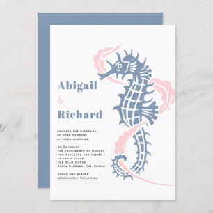 Seahorse, seaweed dusty blue, blush beach wedding invitation