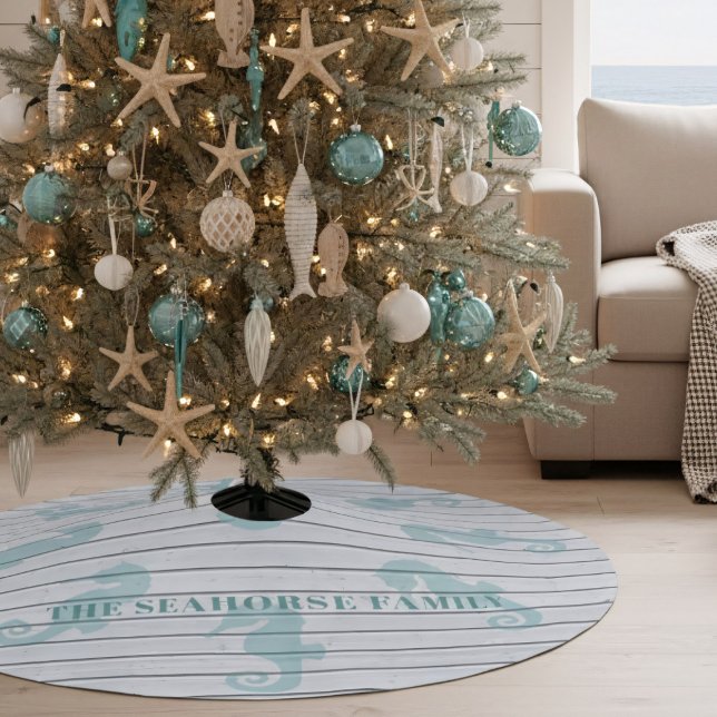 Seahorse Shiplap Beach House Christmas Tree Skirt (Bring the ocean's magic to your holiday decor! Perfect for beach houses & nautical themes.)