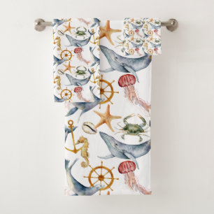 Seahorse, Ships Wheel, whales, Crab, Starfish  Bath Towel Set