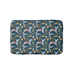 Seahorse, Ships Wheel, whales, Crab, Starfish Blue Bath Mat