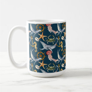 Seahorse, Ships Wheel, whales, Crab, Starfish Blue Coffee Mug