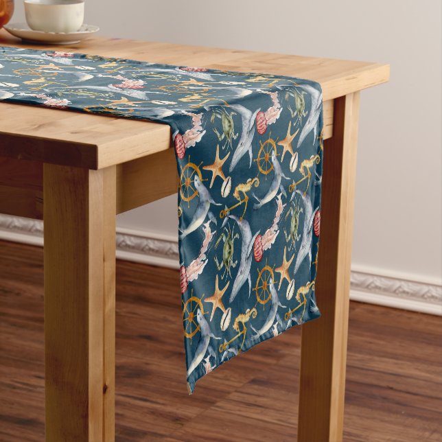 Seahorse, Ships Wheel, whales, Crab, Starfish Blue Short Table Runner (In Situ)