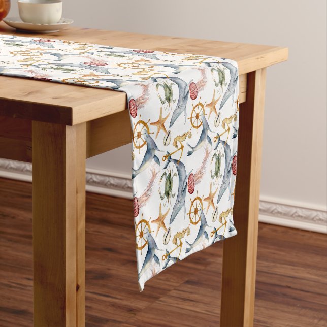 Seahorse, Ships Wheel, whales, Crab, Starfish Short Table Runner (In Situ)