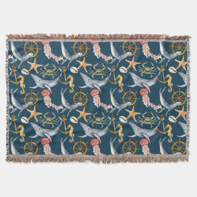 Seahorse, Ships Wheel, whales, Crab, Starfish  Throw Blanket (Front)