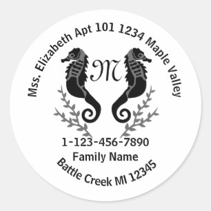 Seahorse Silhouette Monogram Family Home Address Classic Round Sticker