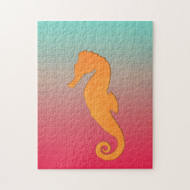 Seahorse silhouette orange turquoise simple jigsaw puzzle (Vertical)