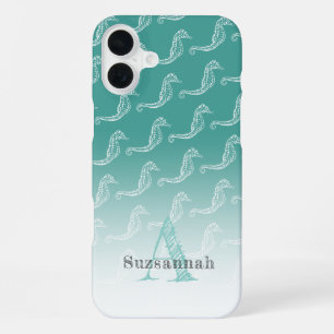 Seahorse Skeleton Pattern Sea Green Monogram Name iPhone 16 Plus Case
