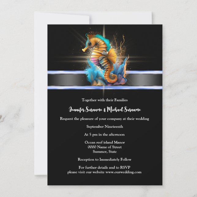 Seahorse sparkle nautical orange blue black ocean  invitation (Front)
