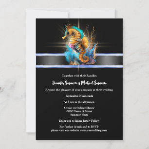 Seahorse sparkle nautical orange blue black ocean  invitation