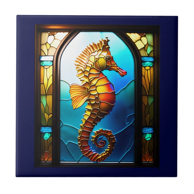 Seahorse stained glass window 3D beach aquatic Ceramic Tile (Front)