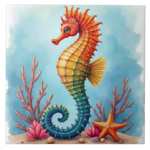 Seahorse, Starfish and Coral Ceramic Tile