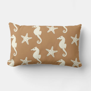 Seahorse & starfish - cocoa brown and beige lumbar cushion