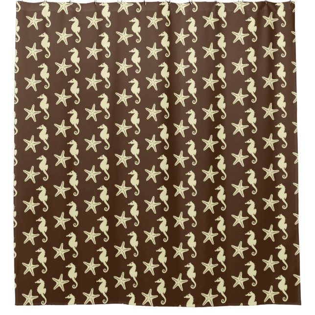 Seahorse & starfish - cocoa brown and beige shower curtain (Front)