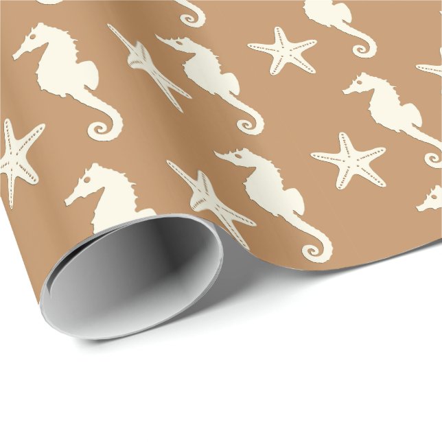 Seahorse & starfish - cocoa brown and beige wrapping paper (Roll Corner)