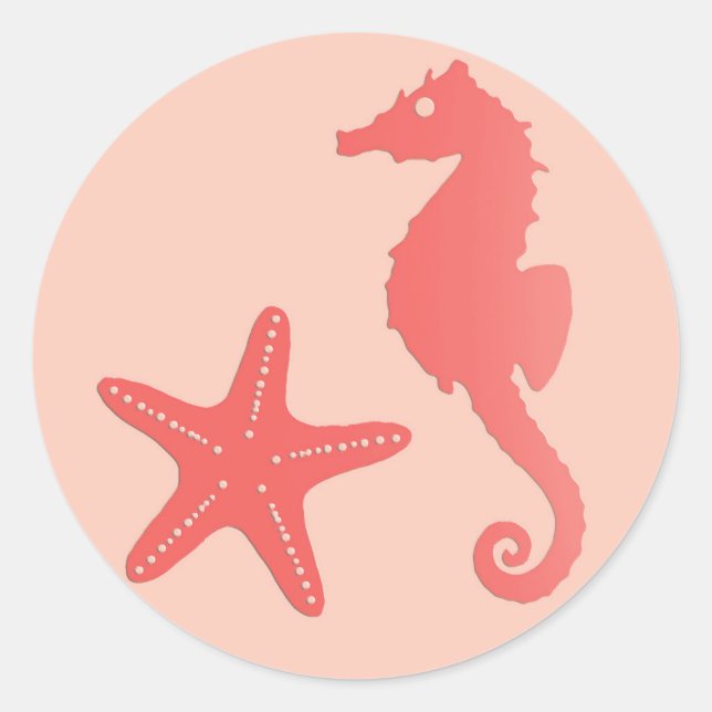 Seahorse & Starfish, Coral Orange  Classic Round Sticker (Front)