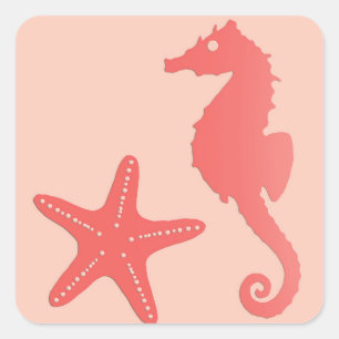 Seahorse & Starfish, Coral Orange  Square Sticker
