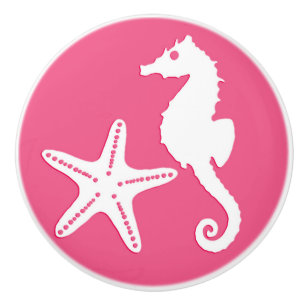 Seahorse & starfish - Coral Pink and White Ceramic Knob