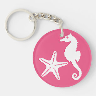 Seahorse & starfish - Coral Pink and White Key Ring