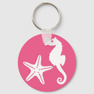 Seahorse & starfish - Coral Pink and White Key Ring