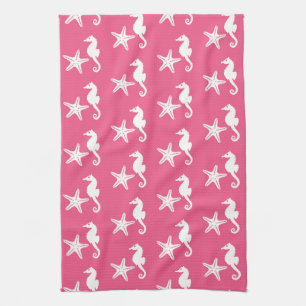 Seahorse & starfish - Coral Pink and White Tea Towel