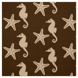 Seahorse & starfish - dark brown and beige fabric