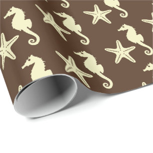 Seahorse & starfish - dark brown and beige wrapping paper