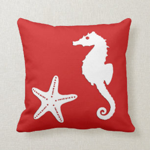 Seahorse & starfish - dark coral red and white cushion