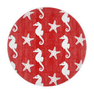 Seahorse & starfish - dark coral red and white cutting board
