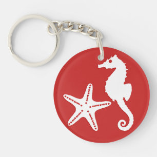 Seahorse & starfish - dark coral red and white key ring