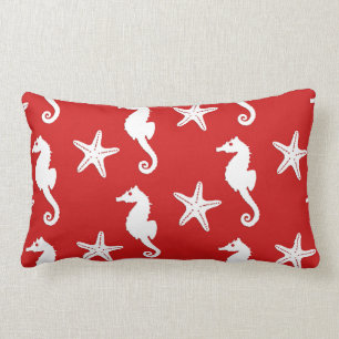 Seahorse & starfish - dark coral red and white lumbar cushion