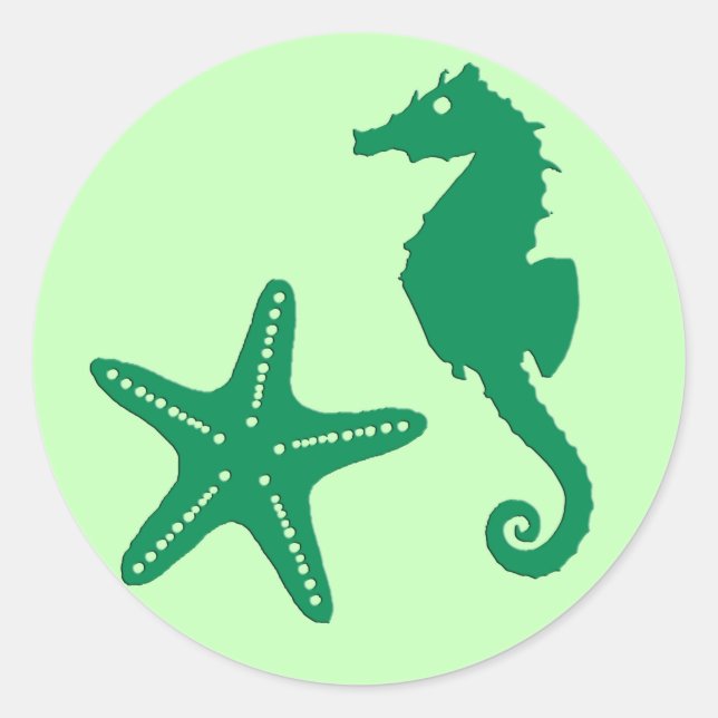 Seahorse & Starfish, Emerald & Pastel Green  Classic Round Sticker (Front)