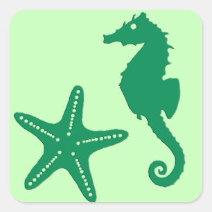 Seahorse & Starfish, Emerald & Pastel Green  Square Sticker