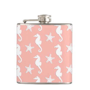 Seahorse & starfish - Light Coral Pink Hip Flask