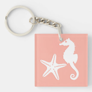 Seahorse & starfish - Light Coral Pink Key Ring
