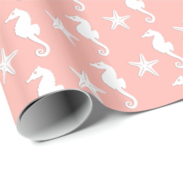 Seahorse & starfish - Light Coral Pink Wrapping Paper (Roll Corner)