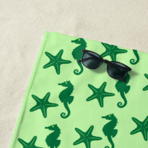 Seahorse & starfish, lime and emerald green beach towel