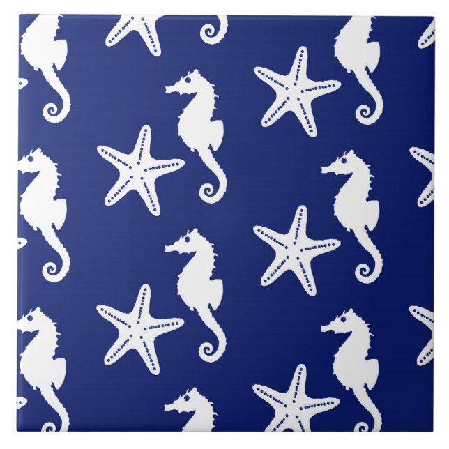 Seahorse & starfish - navy blue and white ceramic tile (Front)