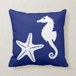 Seahorse & starfish - navy blue and white cushion