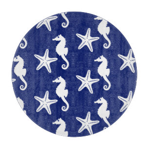 Seahorse & starfish - navy blue and white cutting board