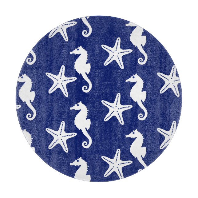 Seahorse & starfish - navy blue and white cutting board (Front)