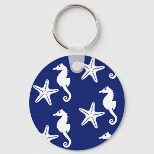Seahorse & starfish - navy blue and white key ring