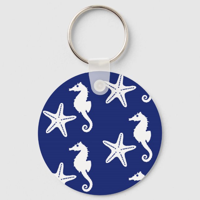 Seahorse & starfish - navy blue and white key ring (Front)