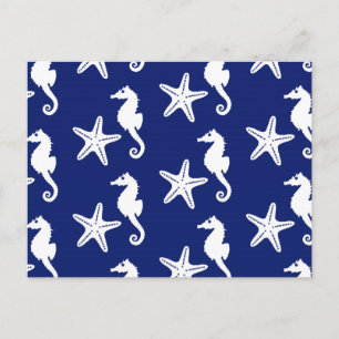 Seahorse & starfish - navy blue and white postcard