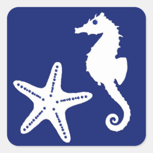 Seahorse & Starfish, Navy Blue and White Square Sticker