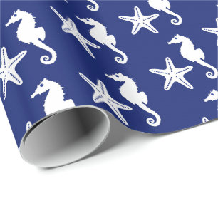 Seahorse & starfish - navy blue and white wrapping paper